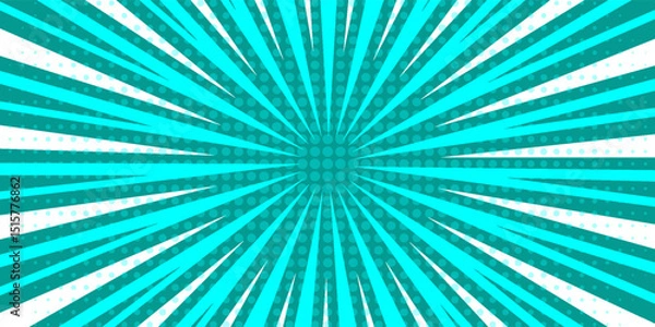 Obraz Blue comic sunburst effect background with halftone. Pop art comic-style vector background. Suitable for templates, sale banners, events, ads, web and pages