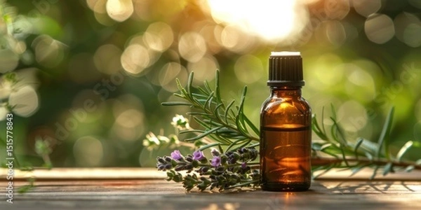 Fototapeta A bottle of essential oil with a sprig of lavender and rosemary on a wooden table in a natural setting.