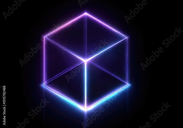 Fototapeta Glowing neon cube, vibrant purple and blue lines forming a 3D structure on a black background, casting a subtle reflection