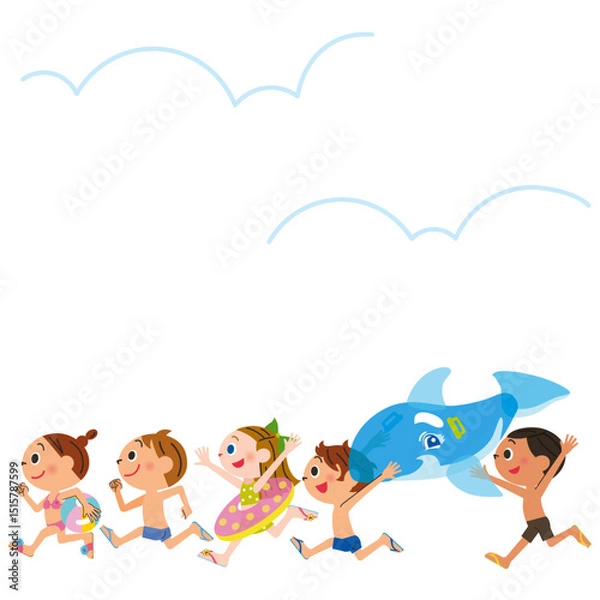 Obraz 夏の大空の中を水着姿で海やプールで楽しむ子供達