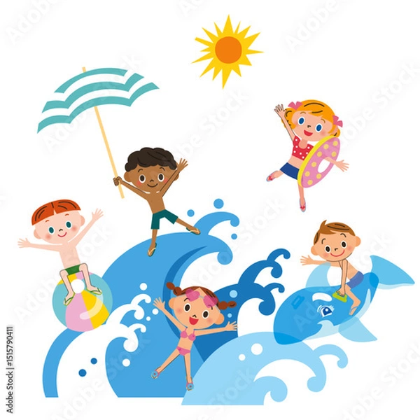 Obraz 大波に乗って水遊びを楽しんでいる子供達