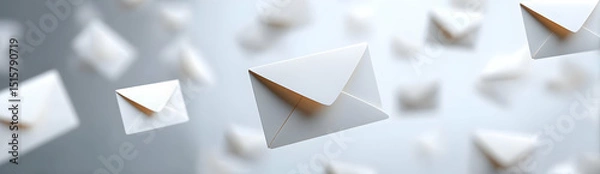 Fototapeta A visually captivating scene of flying envelopes symbolizes communication, networking, and the digital age. Perfect for concepts of messaging and correspondence.