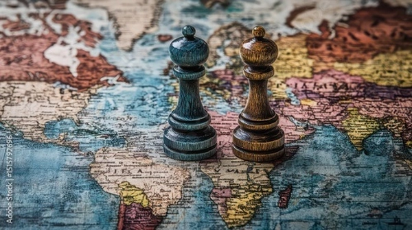 Fototapeta Two chess pieces stand on a vintage world map showcasing global strategy and international relations