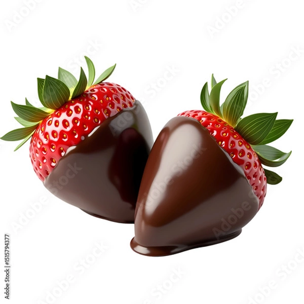 Fototapeta Two strawberries partially dipped in rich dark chocolate  close up view isolated on transparent background