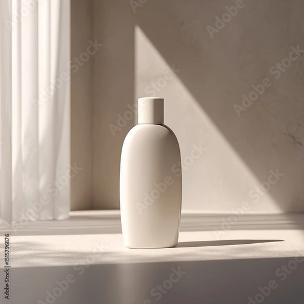 Fototapeta Minimalist image of a blank, off-white, oval-shaped bottle on a white surface, bathed in soft, natural light streaming through a sheer curtain