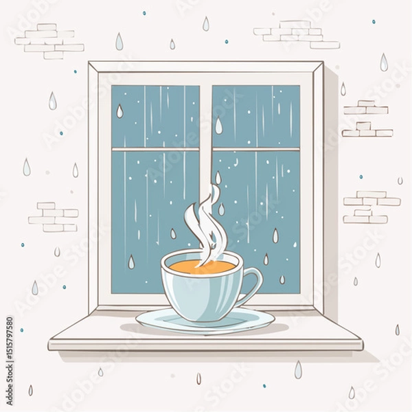 Fototapeta A steaming cup of tea near a rainy window in a calm cozy style