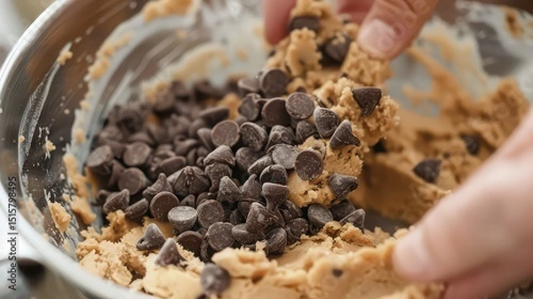 Obraz Adding chocolate chips to cookie dough in a metal bowl for baking homemade chocolate chip cookies