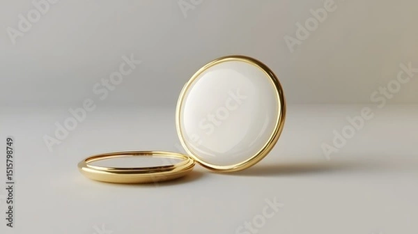 Fototapeta Two overlapping, circular, white platforms with gold rims on a light gray background.