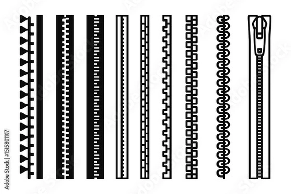 Fototapeta Zipper Vector Set Flat Style, Isolated on White Background, Clothing Fastener