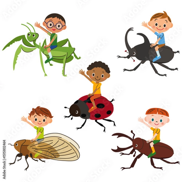 Fototapeta 色々な昆虫の背中に乗って喜んでいる子供達