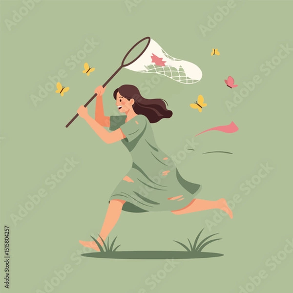 Fototapeta Woman Running with Net Trying to Catch Flying Butterflies Outdoors