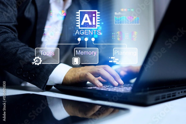 Fototapeta ai agents concept with businessman is using artificial intelligence agentic technology on laptop computer to help him make decision marking on business and planning schedule to customer appointment
