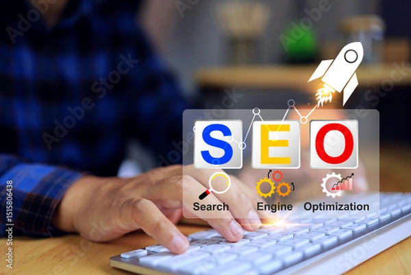 Fototapeta SEO search engine optimization concept with programmer working on computer for keyword strategy commercial website with rocket icon riseup to increase access customer segment target group