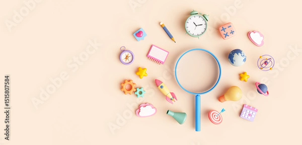 Fototapeta Back to school. School starts. magnifying glass search creative ideas work learning education for science technology imagination with stationery objects flat lay. clipping path. 3D Illustration.