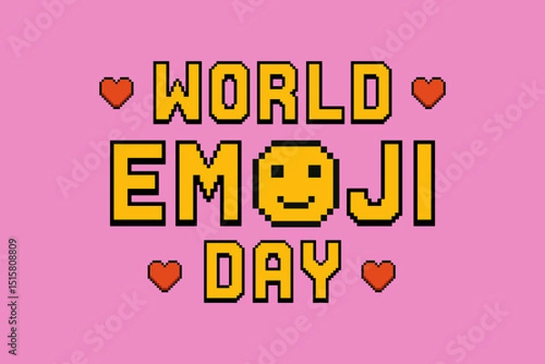 Fototapeta Vector illustration celebrating World Emoji Day in retro 8 bit pixel art style. Features a smiling pixel emoji face integrated into bold yellow typography, surrounded by red pixelated hearts on a pink