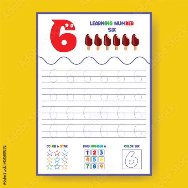 Obraz Learning Number Six Worksheet for Kids, number tracing poster