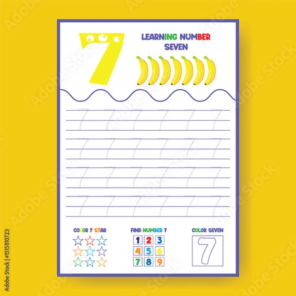 Obraz Learning Number 7 Worksheet for Preschoolers with Banana Illustration