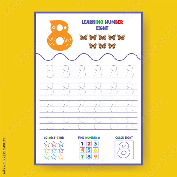 Obraz Learning Number Eight Worksheet for Kids with Tracing and Coloring Activities