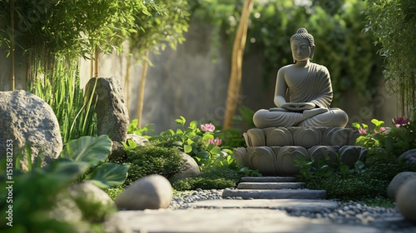 Obraz Buddha statue sitting peacefully in a garden surrounded by nature and reflecting Asian spiritual culture and ancient art