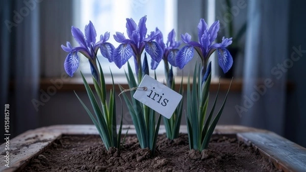 Fototapeta Beautiful purple irises blossoming with labeled tag inside wooden planter with window light background in a soft natural light.