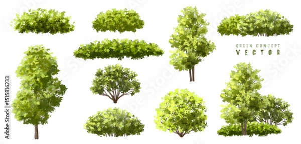 Fototapeta  Vector watercolor green  tree or forest side view isolated on white background for landscape and architecture drawing,elements for environment or and garden,Shrub for section