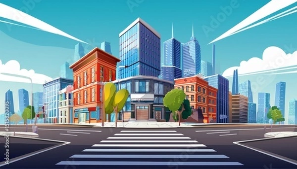 Obraz City crossroad vector illustration, diverse architecture buildings