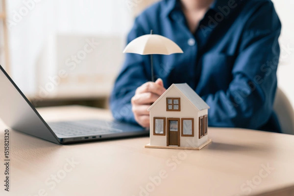 Fototapeta insurance agent presenting a small house under an umbrella on a desk with a laptop to demonstrate virtual home insurance quotes and coverage options