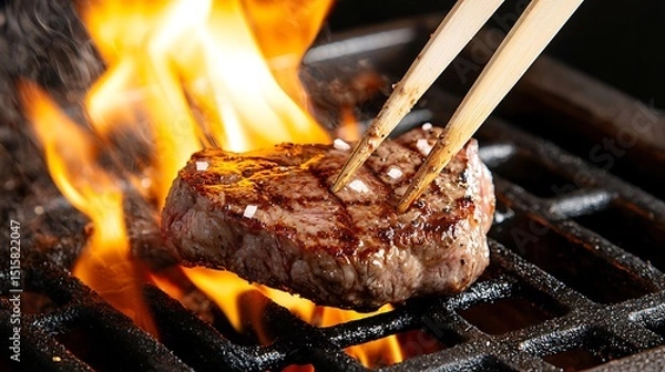 Obraz High-speed close-up of sizzling wagyu steak grilling gourmet kitchen food photography fire-cooked delicious aroma