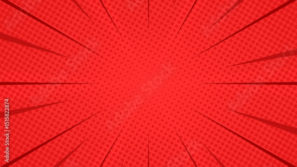 Fototapeta Red halftone comic background with radial fast lines. Vector illustration. Suitable for comics, presentations, posters, etc.