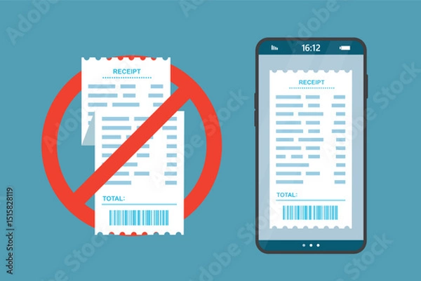 Obraz Receipt from store with round red prohibition symbol strikethrough on a blue background. Ban on paper receipts, saving paper. Electronic receipt on mobile phone screen,