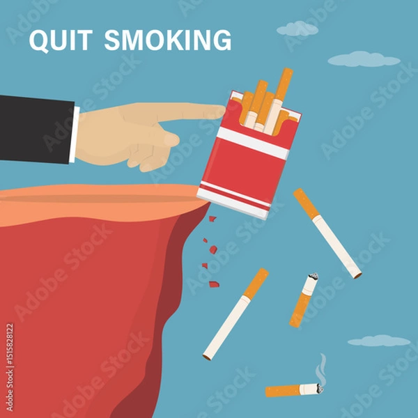 Obraz Human hand pushes cigarette pack and butts off cliff into abyss. Fighting nicotine addiction, quit smoking. Way to healthy lifestyle, tobacco refuse.
