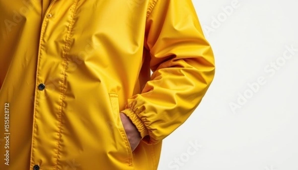 Fototapeta A person wearing a yellow jacket with a hand in the pocket