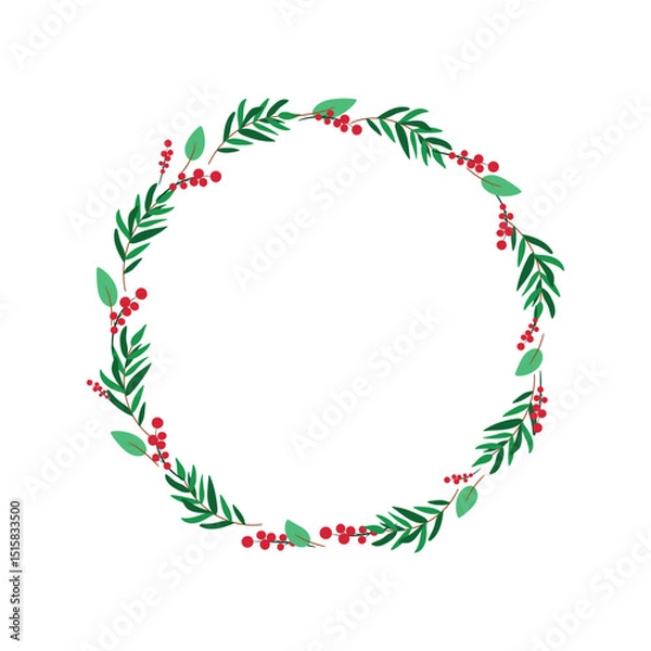 Fototapeta Christmas vector illustration of floral wreath isolated on white background. Circle frame of season greeting card.