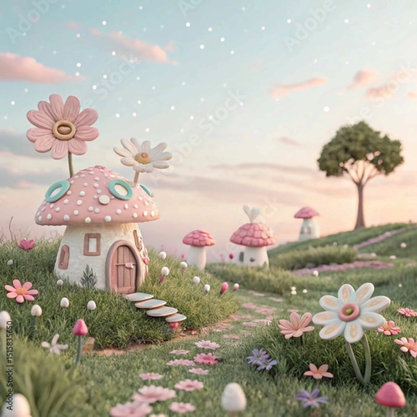 Obraz Whimsical Pastel Landscape with Miniature Flower Sculptures