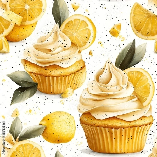 Fototapeta Lemon cake seamless pattern on white background. Generatice AI