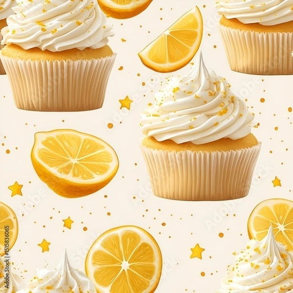 Fototapeta Lemon cake seamless pattern on white background. Generatice AI