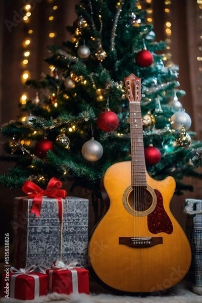 Obraz Beautiful Christmas tree with light toys and lights, under it as a Christmas gift a guitar, clear professional stock photo
