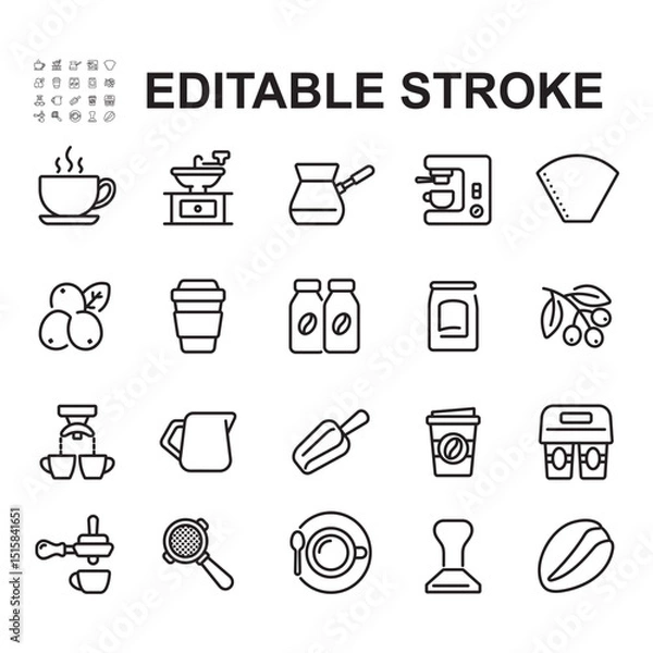 Fototapeta Coffee related icons collection. Thin line style vectors. Contains icons such as coffee beans, coffee press, coffee cup and more.