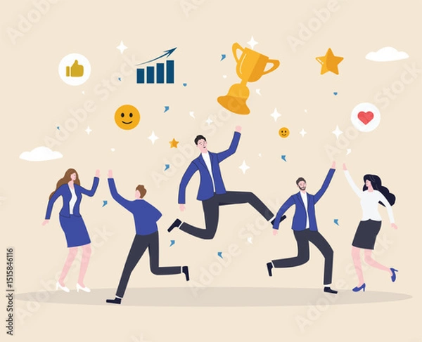 Obraz Engaged employees, workplace happiness, recognition, and inclusivity drive overall business success, with employees energized by purpose and jumping with work engagement elements.
