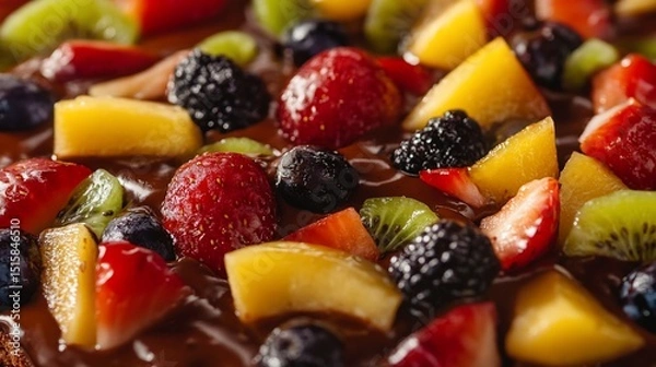 Obraz Fresh summer fruits atop luscious chocolate ganache in an appetizing arrangement