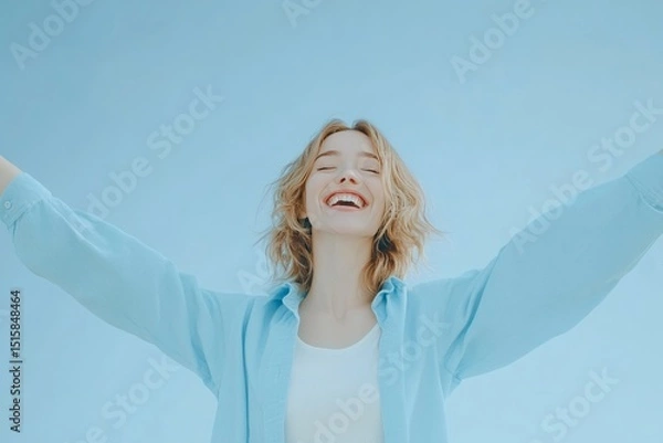 Fototapeta a young women with joy and laughter and her eyes closed and mouth wide open in a delighted grin. Both arms are raised high in a celebratory gesture, light blue background 