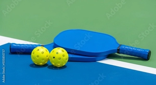 Fototapeta An angled view of a blue pickleball paddle and two yellow balls on a playing field.
