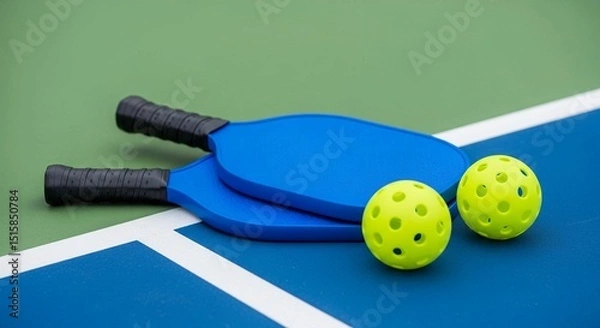 Fototapeta Leisurely game setup: a striking blue pickleball paddle with two luminous yellow balls.
