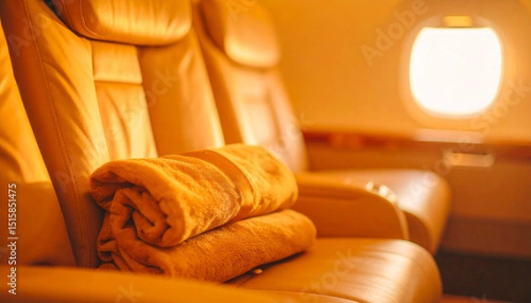 Fototapeta Luxury in the Sky: Envision opulence as a soft towel rests on a plush leather seat, illuminated by the soft glow streaming in from the airplane window, promising a journey of comfort and relaxation.