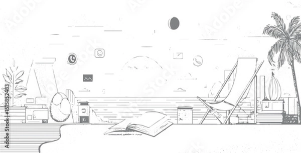 Fototapeta Sammer vacation collection A creative arrangement of hand-drawn doodles features technology items like computers,