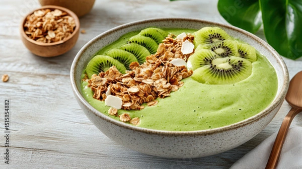 Fototapeta Creamy green smoothie bowl topped with sliced kiwi and crunchy granola, perfect for breakfast