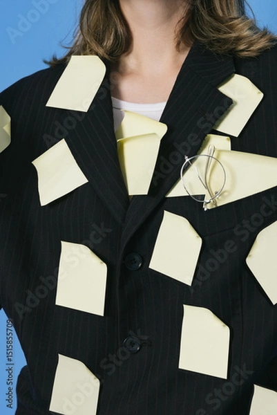 Fototapeta A lot of work and multitasking concept. Business woman is tired. She has got a lot of yellow stickers notes on her suit and face.