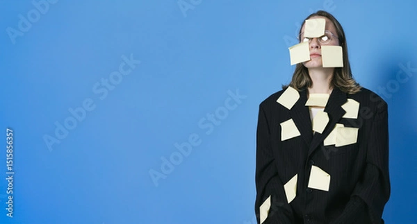 Fototapeta A lot of work and multitasking concept. Business woman is tired. She has got a lot of yellow stickers notes on her suit and face.