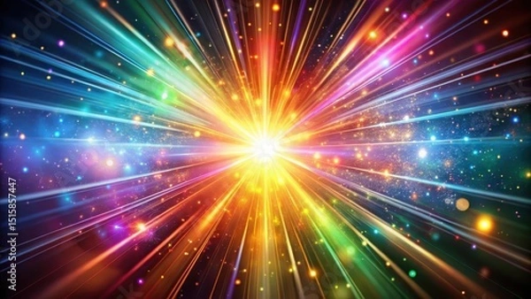 Fototapeta Vibrant light beams dance in mid-air as colorful particles swirl around a central point of radiance , colorful