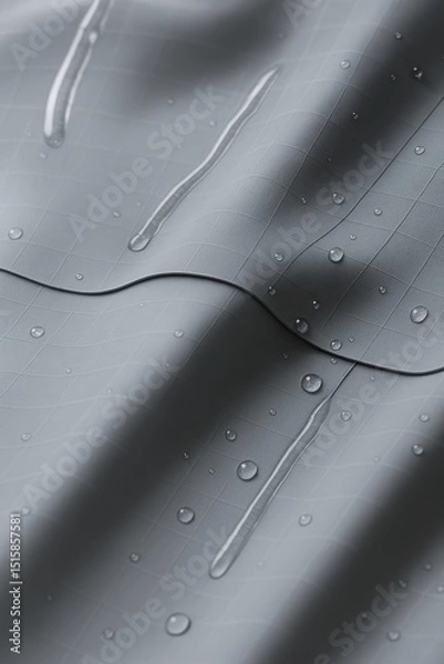 Fototapeta Close-up of waterproof ripstop fabric in dark gray with visible grid pattern, showing realistic water droplets and elongated streaks forming on the surface.